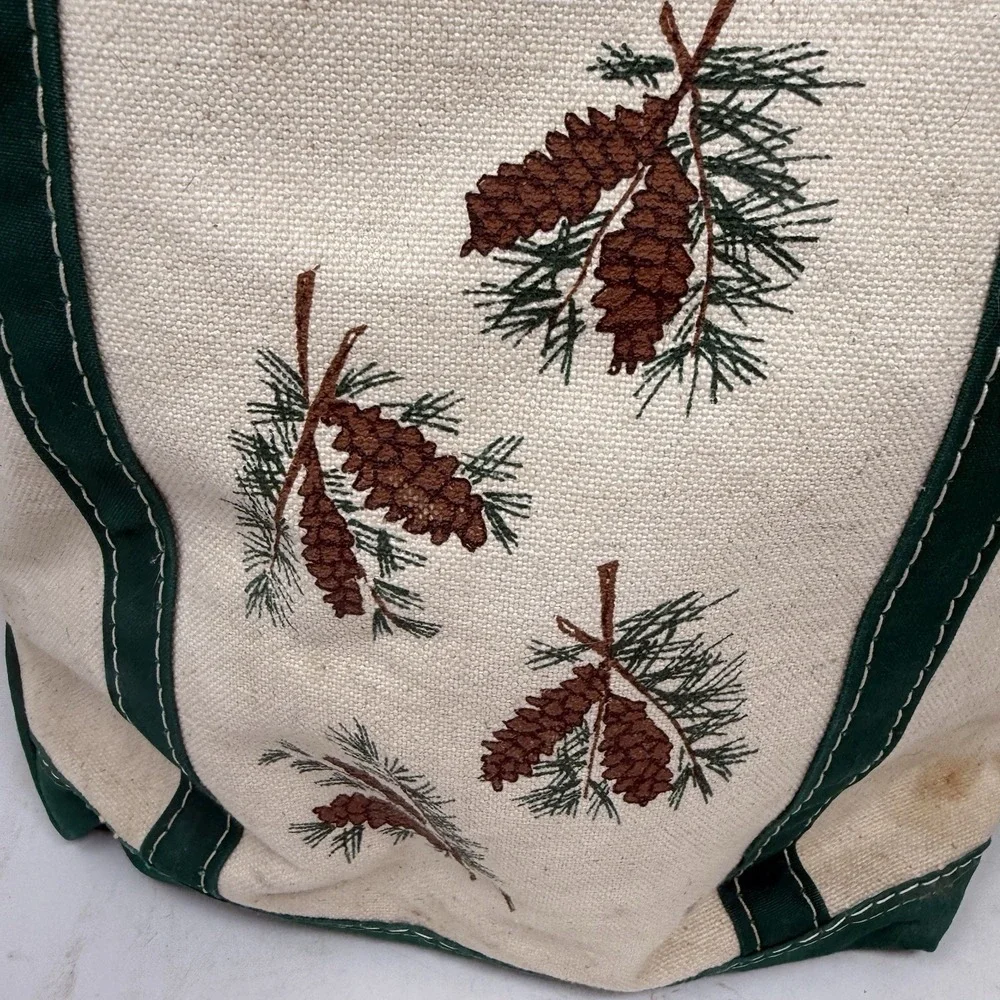 VTG 80s LL Bean Boat & Tote Bag USA Canvas Green Pine Cones Tree Oak Medium